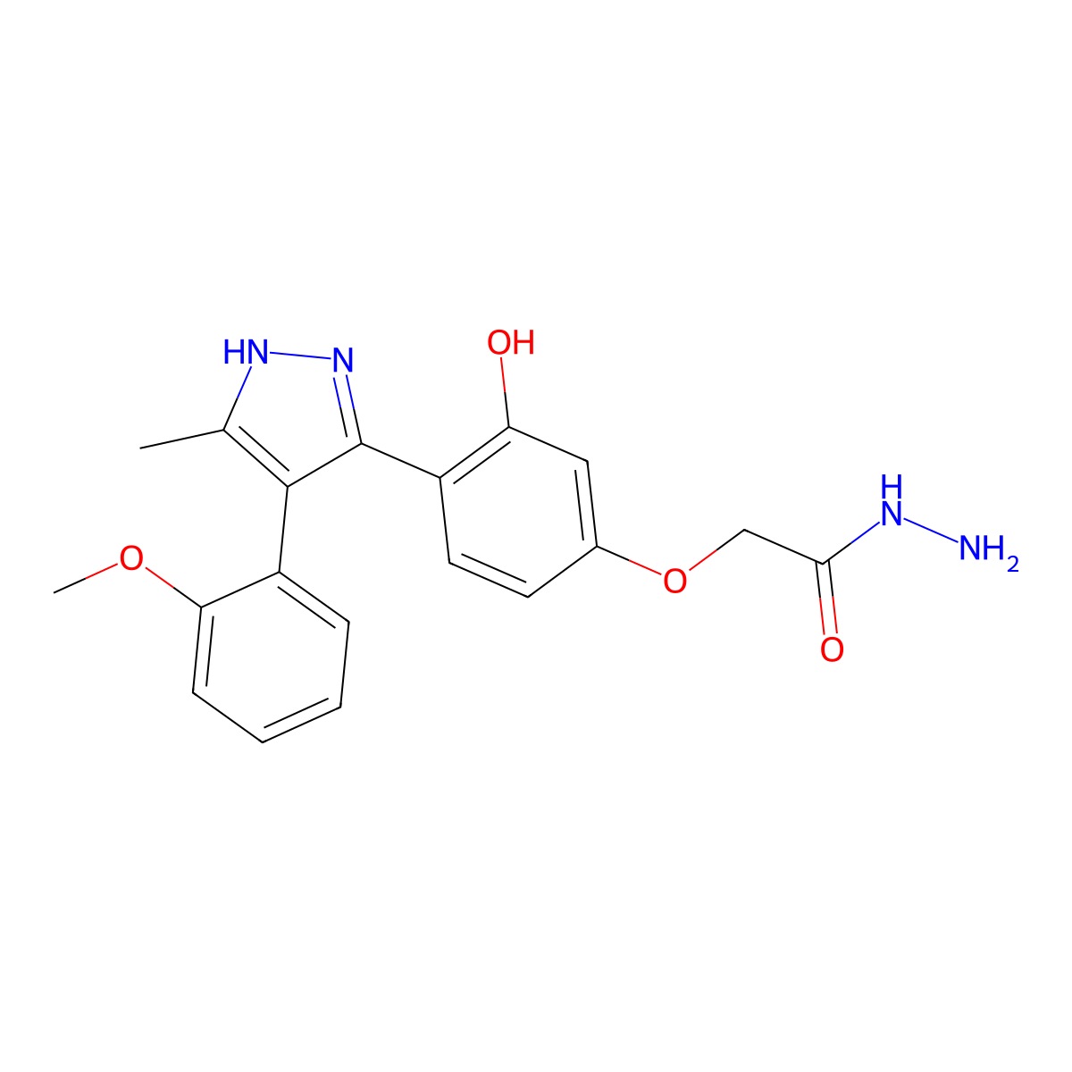 2-(3-hydroxy-4-(4-(2-methoxyphenyl)-5-methyl-1H-pyrazol-3-yl)phenoxy)acetohydrazide molecular structure, CAS 1095915-85-7
