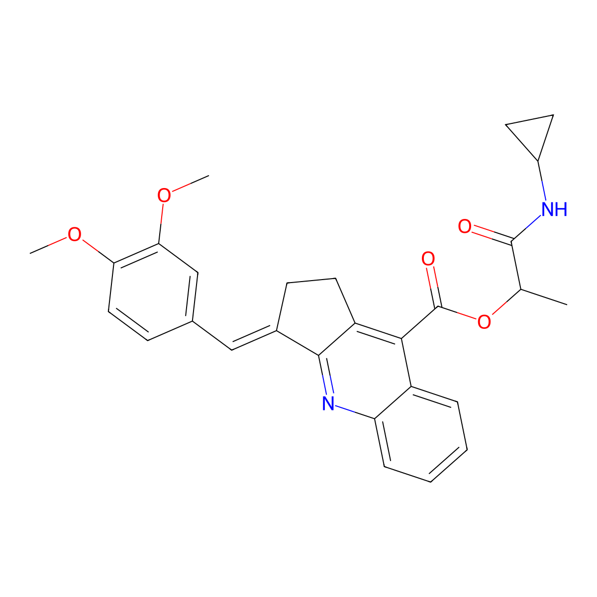 1-(cyclopropylcarbamoyl)ethyl 3-[(3,4-dimethoxyphenyl)methylidene]-1H,2H,3H-cyclopenta[b]quinoline-9-carboxylate molecular structure, CAS 1096214-42-4