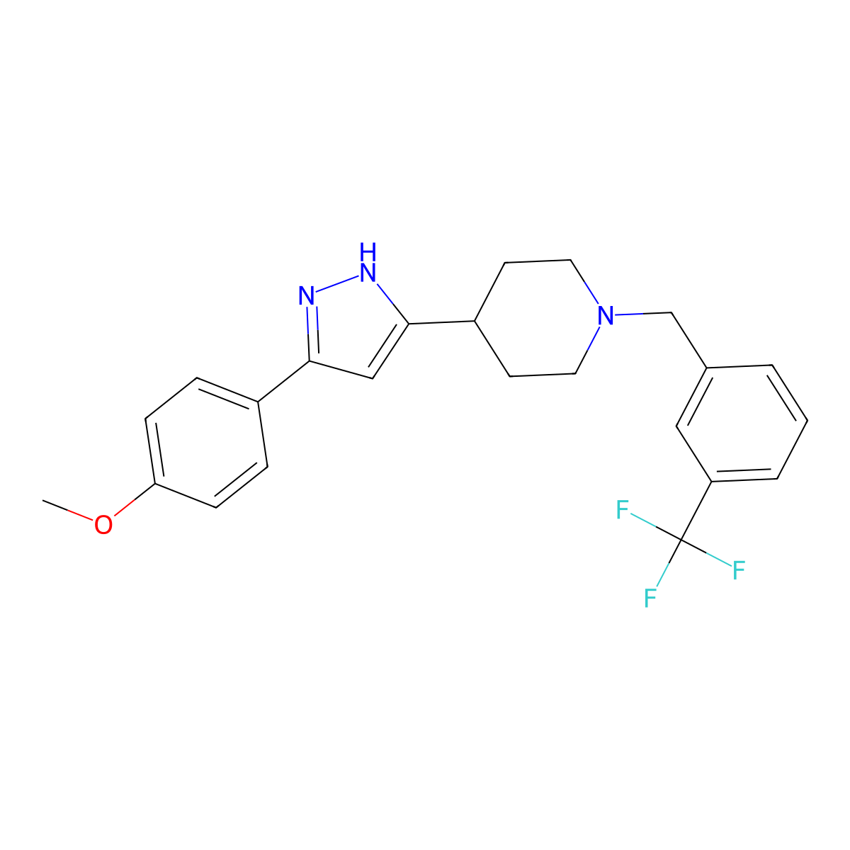 4-[3-(4-methoxyphenyl)-1H-pyrazol-5-yl]-1-[[3-(trifluoromethyl)phenyl]methyl]piperidine molecular structure, CAS 1096446-00-2