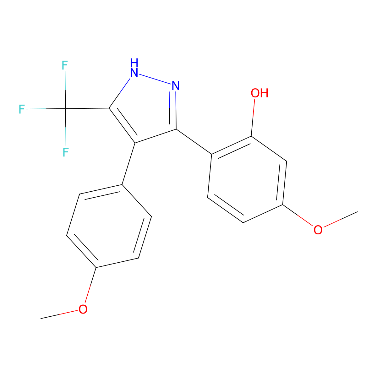 5-methoxy-2-[4-(4-methoxyphenyl)-5-(trifluoromethyl)-1H-pyrazol-3-yl]phenol molecular structure, CAS 1096543-46-2