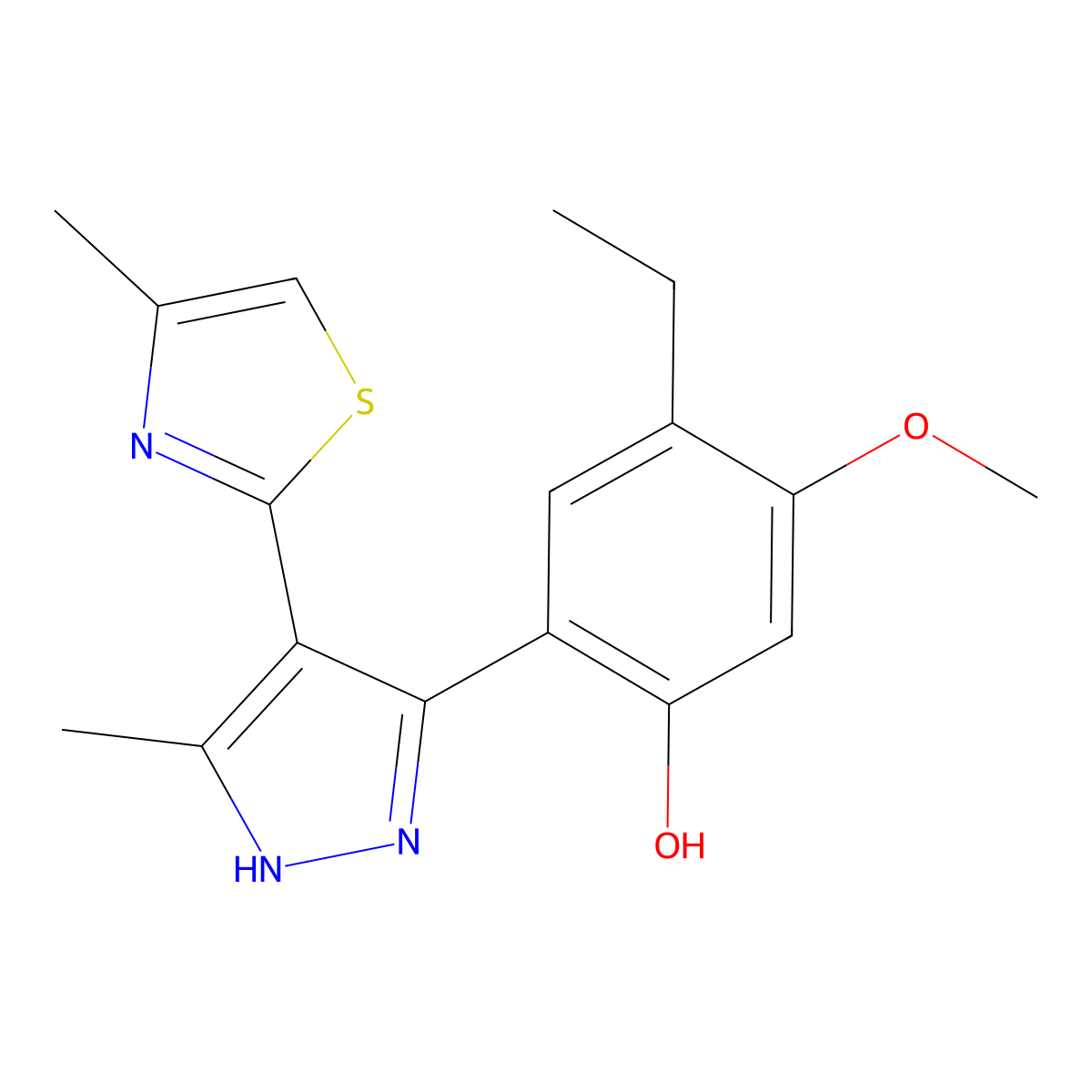 4-ethyl-5-methoxy-2-[5-methyl-4-(4-methyl-1,3-thiazol-2-yl)-1H-pyrazol-3-yl]phenol molecular structure, CAS 1096588-35-0
