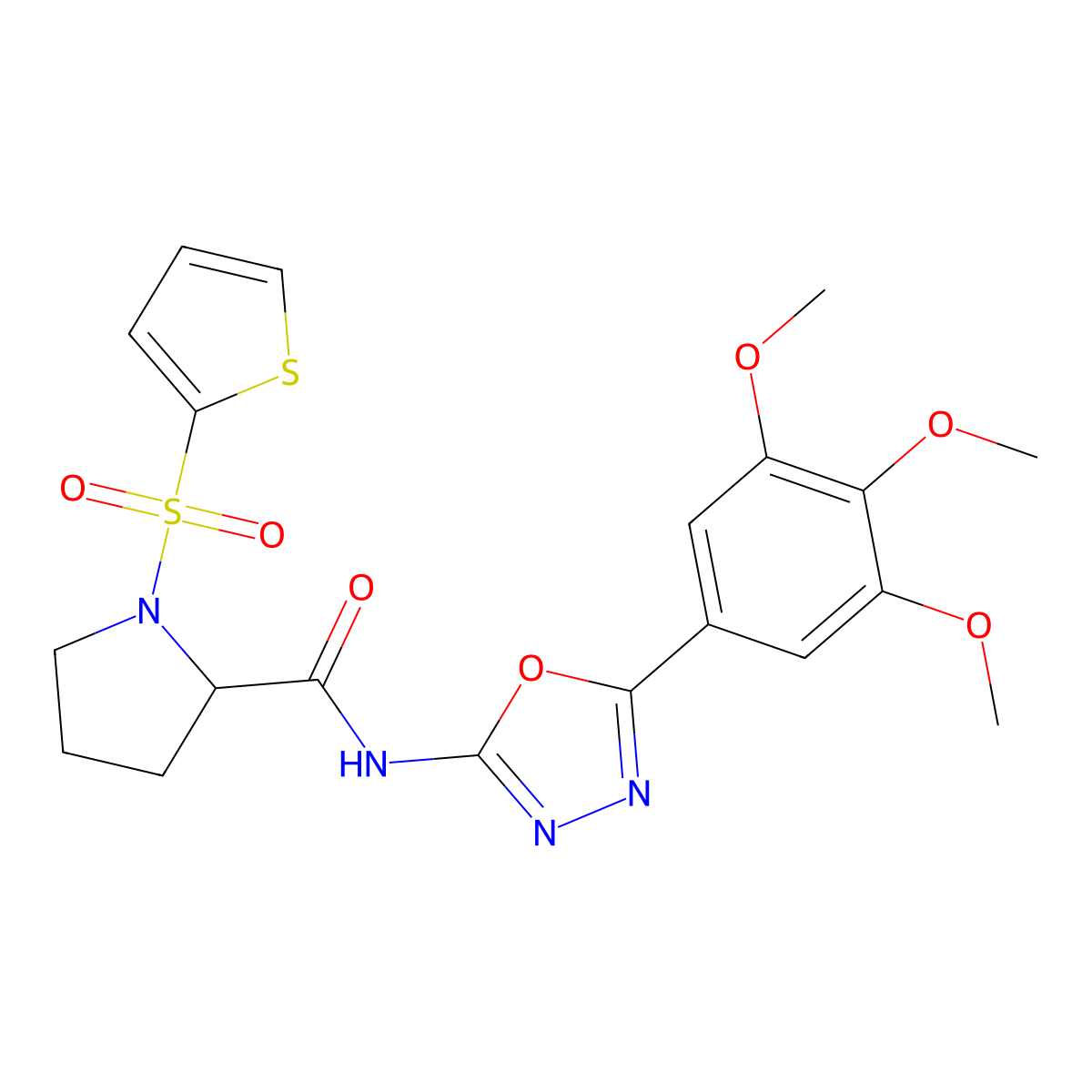 1-(thiophen-2-ylsulfonyl)-N-(5-(3,4,5-trimethoxyphenyl)-1,3,4-oxadiazol-2-yl)pyrrolidine-2-carboxamide molecular structure, CAS 1096689-89-2
