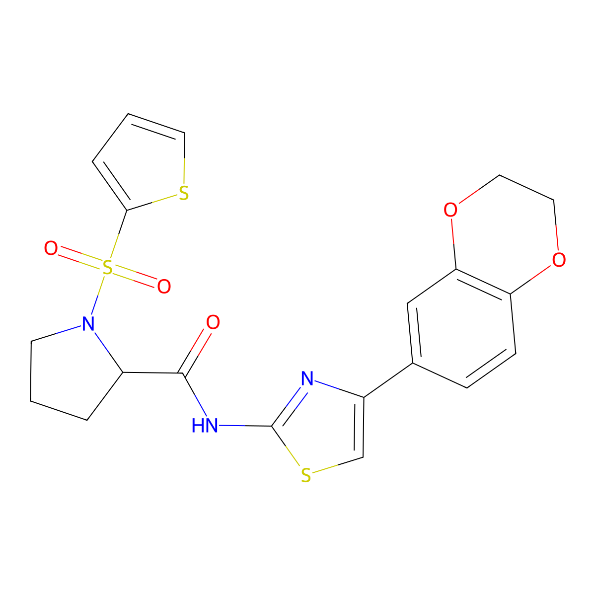 N-(4-(2,3-dihydrobenzo[b][1,4]dioxin-6-yl)thiazol-2-yl)-1-(thiophen-2-ylsulfonyl)pyrrolidine-2-carboxamide molecular structure, CAS 1096689-90-5