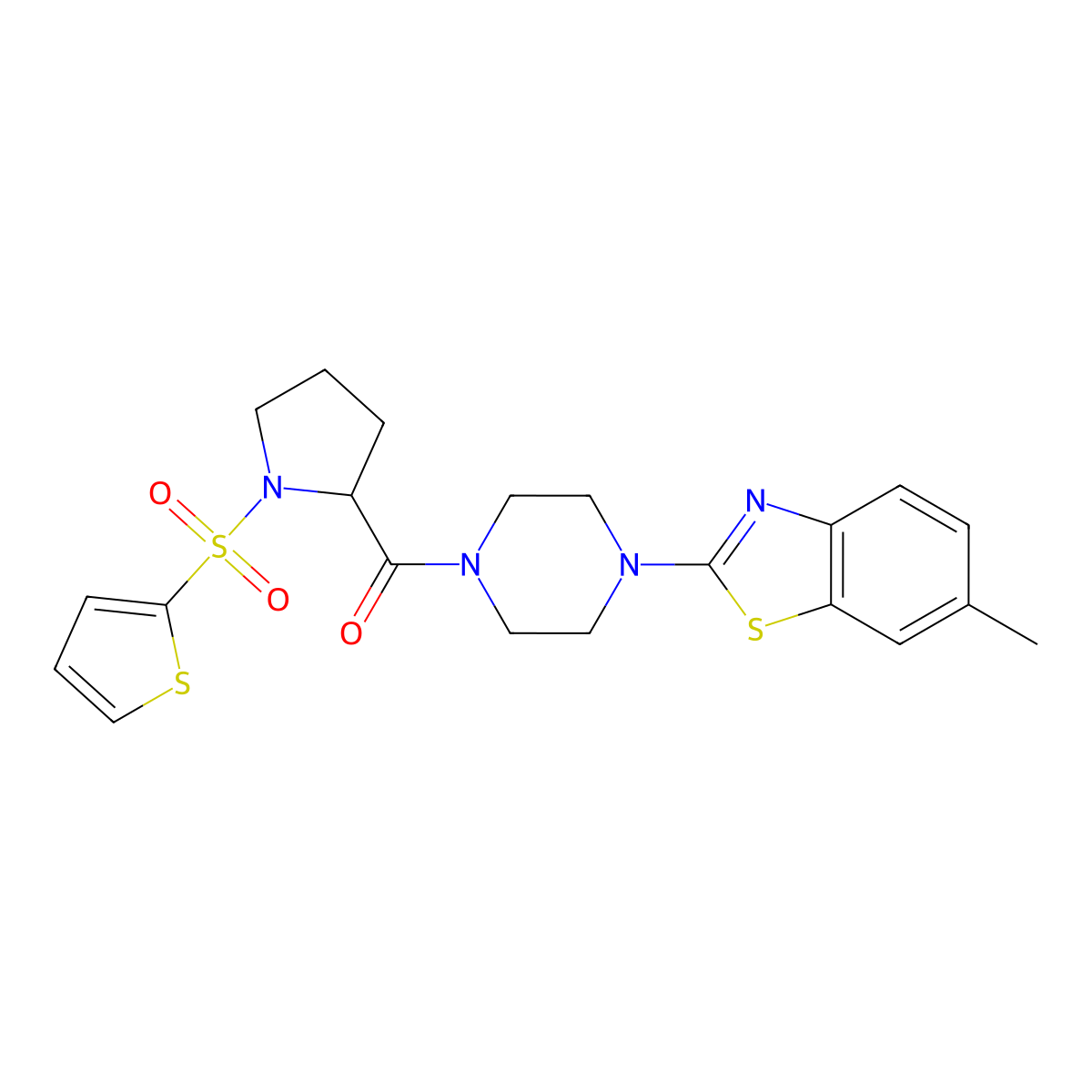 (4-(6-Methylbenzo[d]thiazol-2-yl)piperazin-1-yl)(1-(thiophen-2-ylsulfonyl)pyrrolidin-2-yl)methanone molecular structure, CAS 1096689-93-8