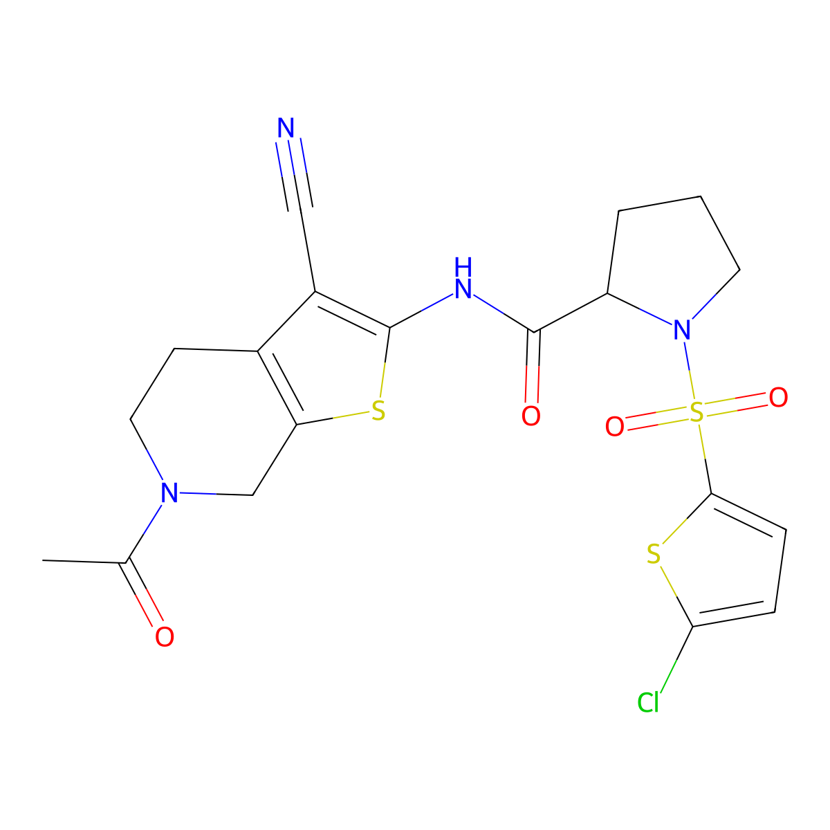 N-(6-acetyl-3-cyano-4,5,6,7-tetrahydrothieno[2,3-c]pyridin-2-yl)-1-((5-chlorothiophen-2-yl)sulfonyl)pyrrolidine-2-carboxamide molecular structure, CAS 1096690-23-1