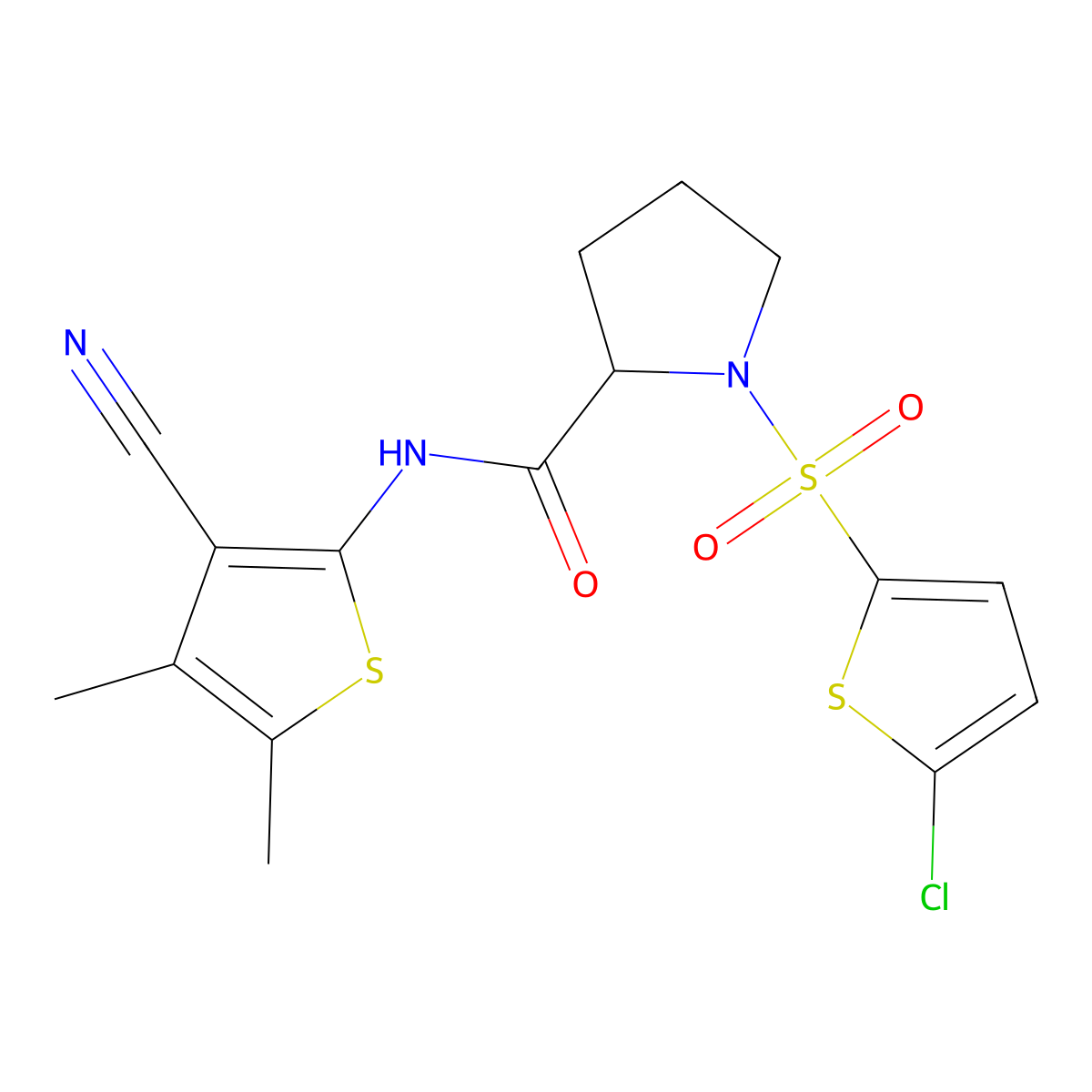 1-((5-chlorothiophen-2-yl)sulfonyl)-N-(3-cyano-4,5-dimethylthiophen-2-yl)pyrrolidine-2-carboxamide molecular structure, CAS 1096690-24-2
