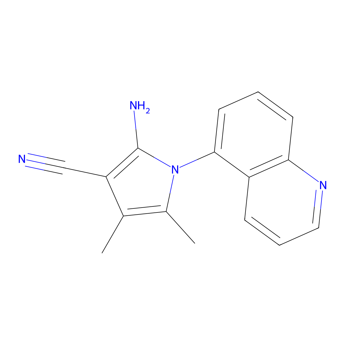 2-amino-4,5-dimethyl-1-(quinolin-5-yl)-1H-pyrrole-3-carbonitrile molecular structure, CAS 1096940-00-9