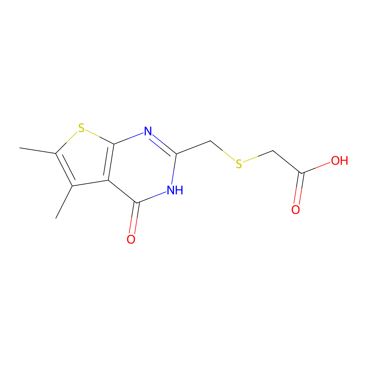 2-(((5,6-Dimethyl-4-oxo-3,4-dihydrothieno[2,3-d]pyrimidin-2-yl)methyl)thio)acetic acid molecular structure, CAS 1096952-23-6