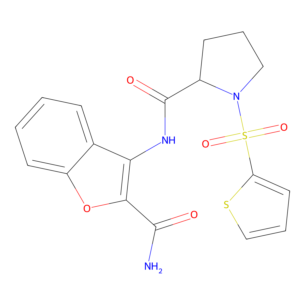 N-(2-carbamoylbenzofuran-3-yl)-1-(thiophen-2-ylsulfonyl)pyrrolidine-2-carboxamide molecular structure, CAS 1097191-03-1