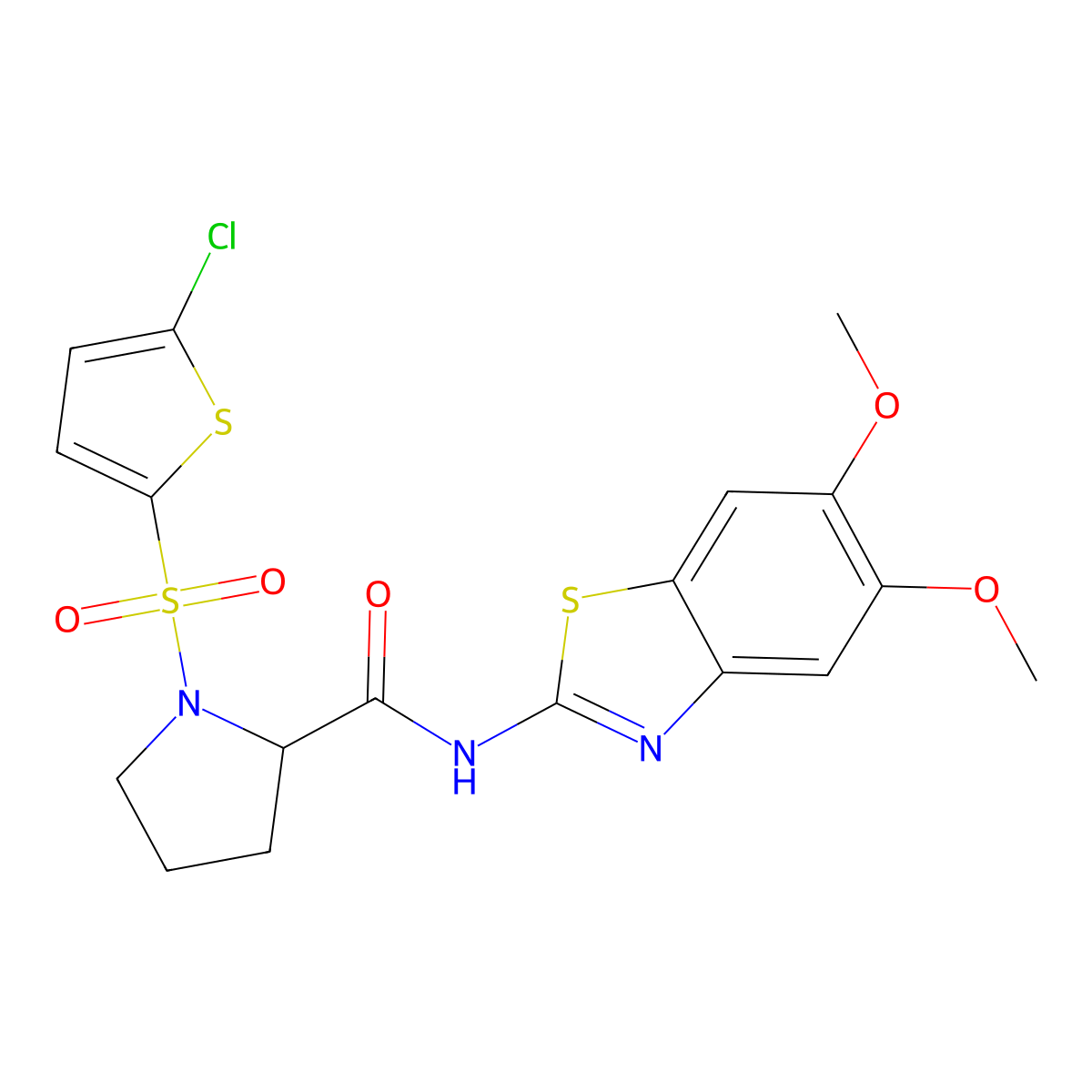 1-((5-chlorothiophen-2-yl)sulfonyl)-N-(5,6-dimethoxybenzo[d]thiazol-2-yl)pyrrolidine-2-carboxamide molecular structure, CAS 1097191-26-8