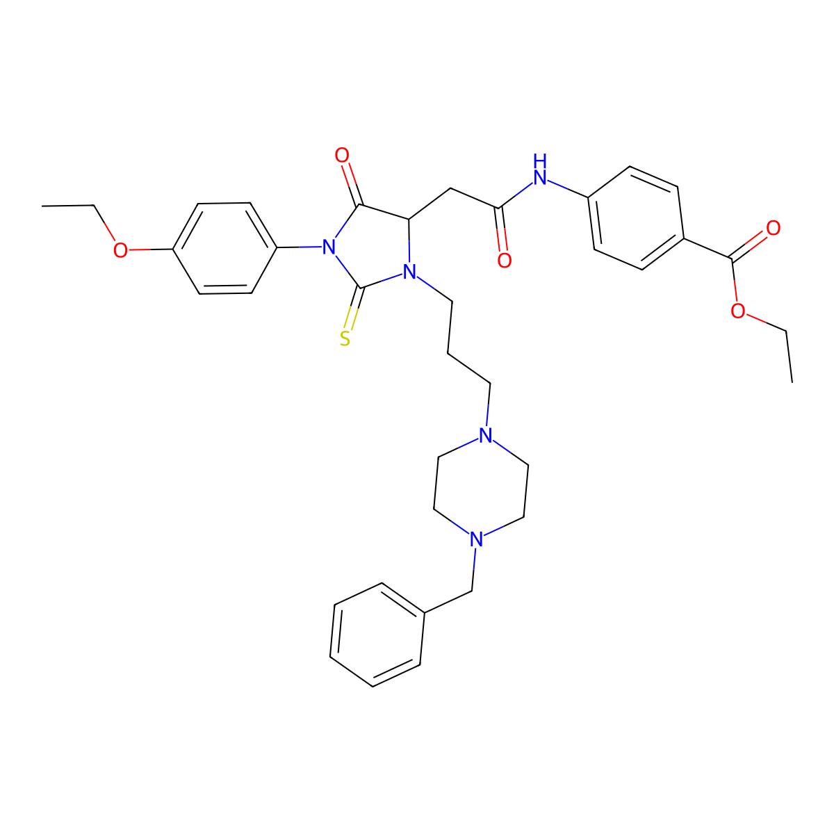 Ethyl 4-[[2-[1-(4-ethoxyphenyl)-5-oxo-3-[3-[4-(phenylmethyl)-1-piperazinyl]propyl]-2-thioxo-4-imidazolidinyl]acetyl]amino]benzoate molecular structure, CAS 1097198-89-4