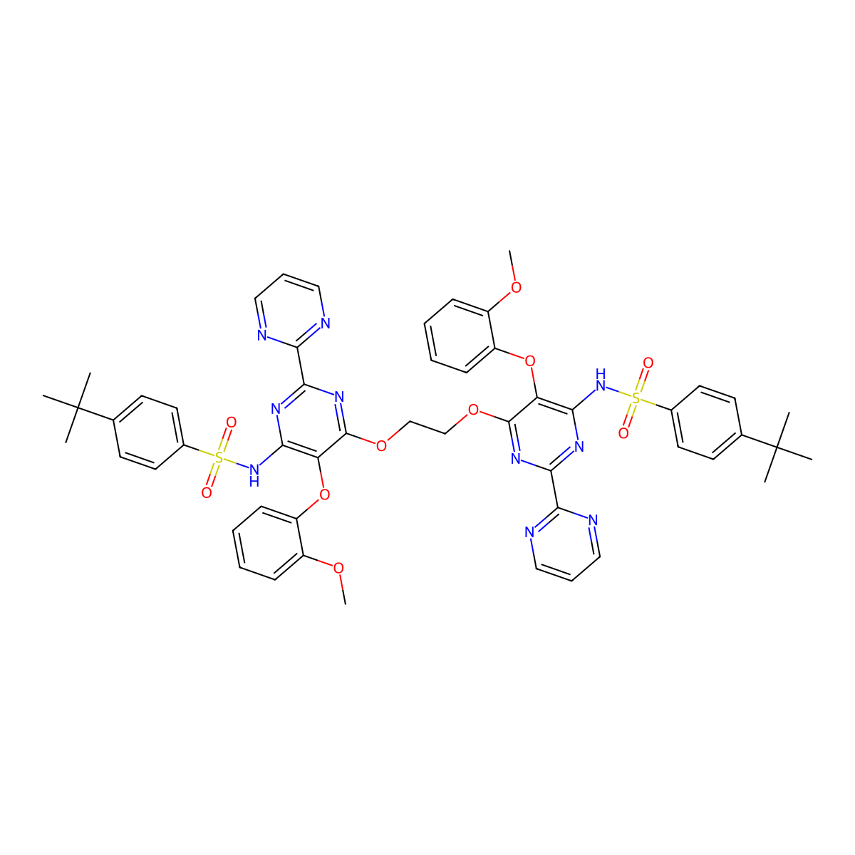 1,2-Bis((6-(4-(tert-butyl)phenylsulfonamido)-5-(2-methoxyphenoxy)-(2,2'-bipyrimidin)-4-yl)oxy)ethane molecular structure, CAS 1097263-60-9