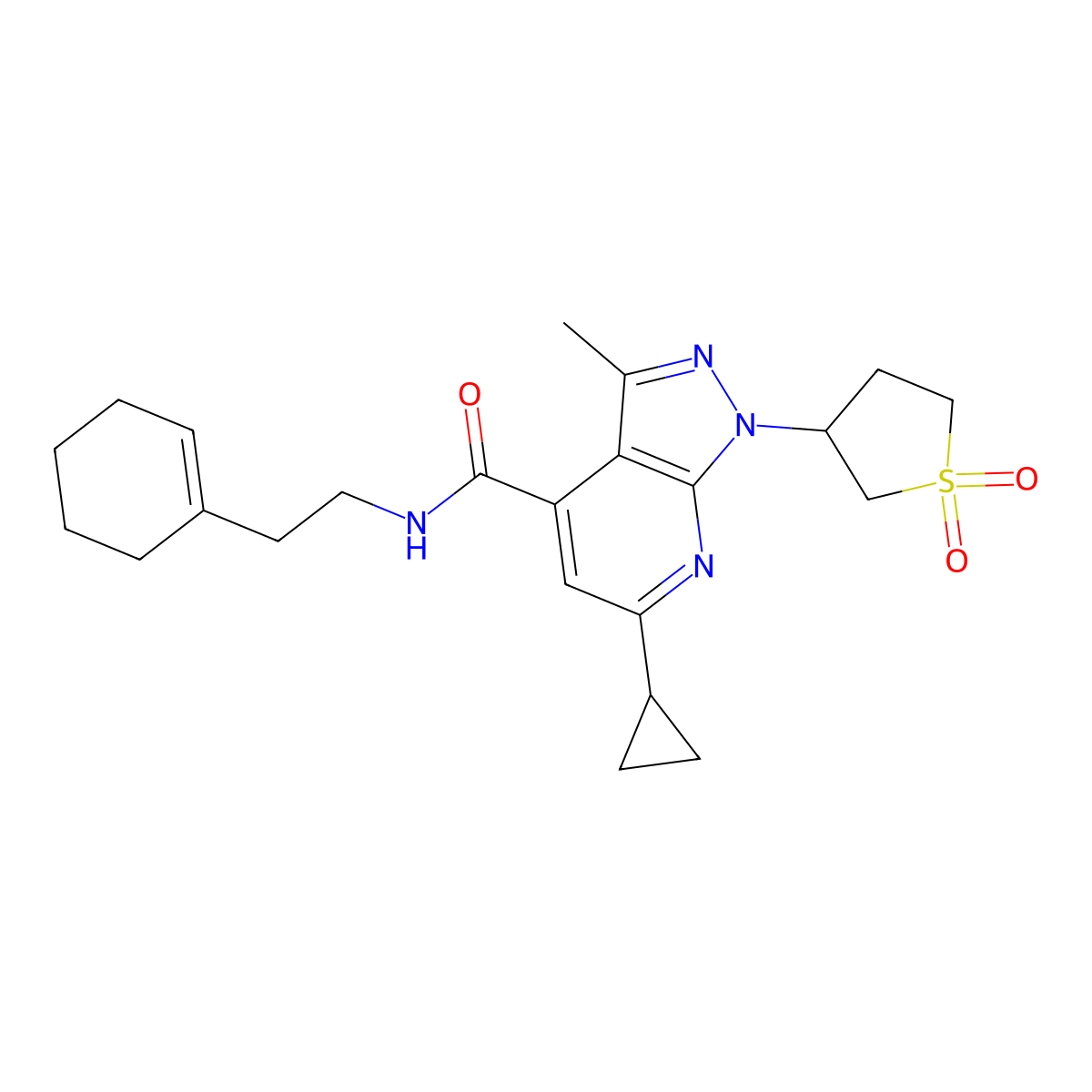 N-[2-(1-cyclohexen-1-yl)ethyl]-6-cyclopropyl-1-(1,1-dioxidotetrahydro-3-thienyl)-3-methyl-1H-pyrazolo[3,4-b]pyridine-4-carboxamide molecular structure, CAS 1097558-75-2