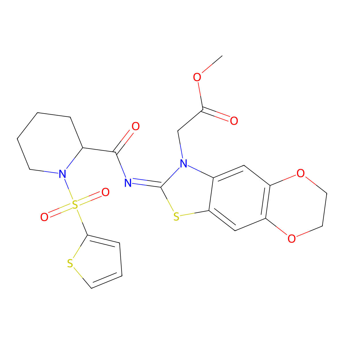 (E)-methyl 2-(2-((1-(thiophen-2-ylsulfonyl)piperidine-2-carbonyl)imino)-6,7-dihydro-[1,4]dioxino[2',3':4,5]benzo[1,2-d]thiazol-3(2H)-yl)acetate molecular structure, CAS 1097615-34-3