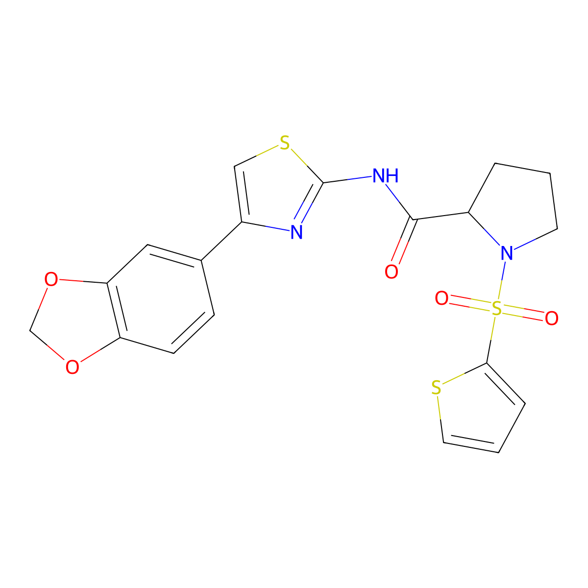 N-(4-(benzo[d][1,3]dioxol-5-yl)thiazol-2-yl)-1-(thiophen-2-ylsulfonyl)pyrrolidine-2-carboxamide molecular structure, CAS 1097638-12-4
