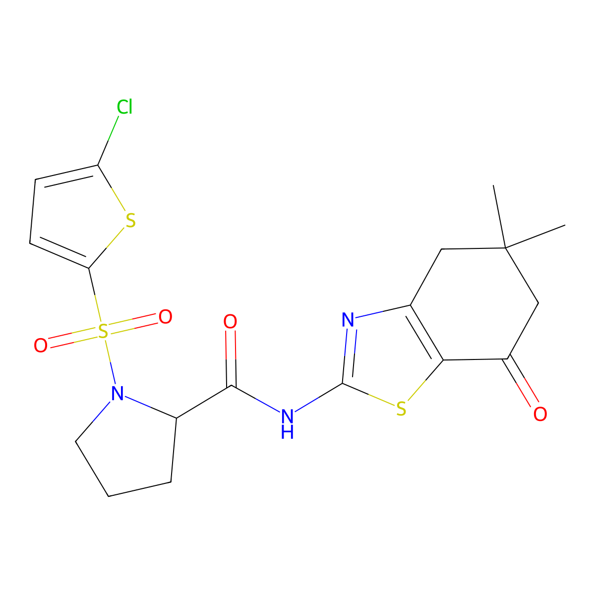 1-((5-chlorothiophen-2-yl)sulfonyl)-N-(5,5-dimethyl-7-oxo-4,5,6,7-tetrahydrobenzo[d]thiazol-2-yl)pyrrolidine-2-carboxamide molecular structure, CAS 1097638-97-5