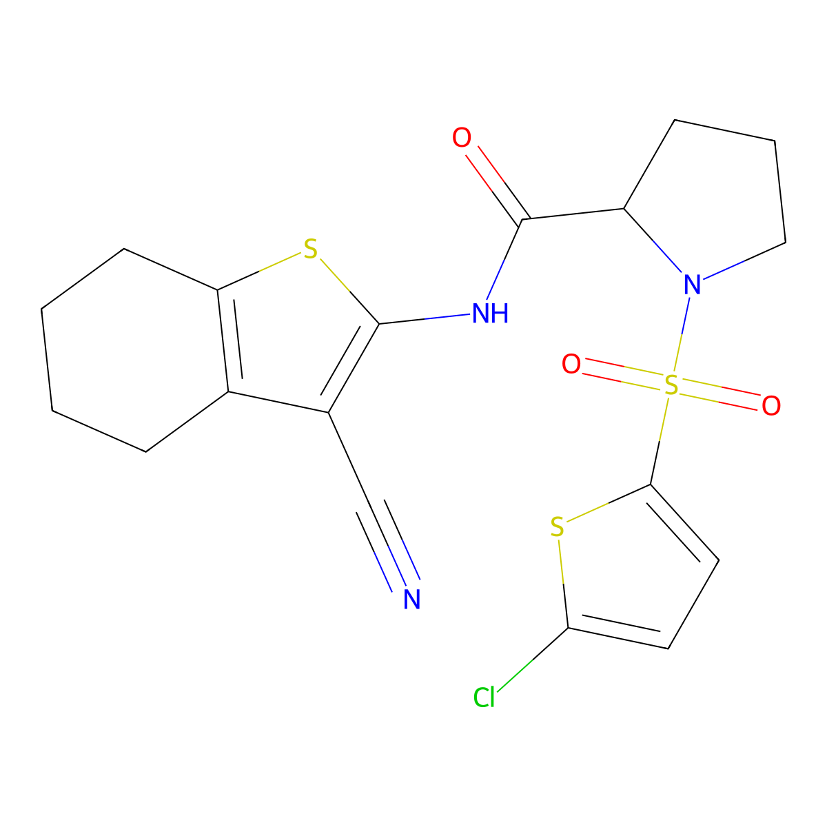 1-((5-chlorothiophen-2-yl)sulfonyl)-N-(3-cyano-4,5,6,7-tetrahydrobenzo[b]thiophen-2-yl)pyrrolidine-2-carboxamide molecular structure, CAS 1097638-99-7