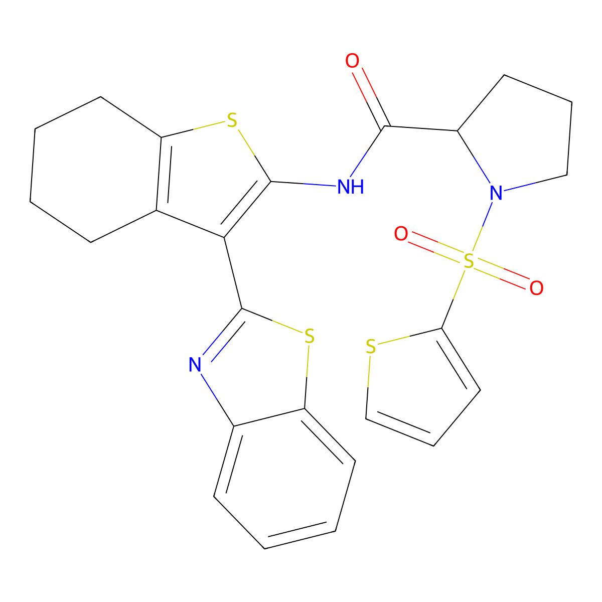 N-(3-(benzo[d]thiazol-2-yl)-4,5,6,7-tetrahydrobenzo[b]thiophen-2-yl)-1-(thiophen-2-ylsulfonyl)pyrrolidine-2-carboxamide molecular structure, CAS 1097650-98-0