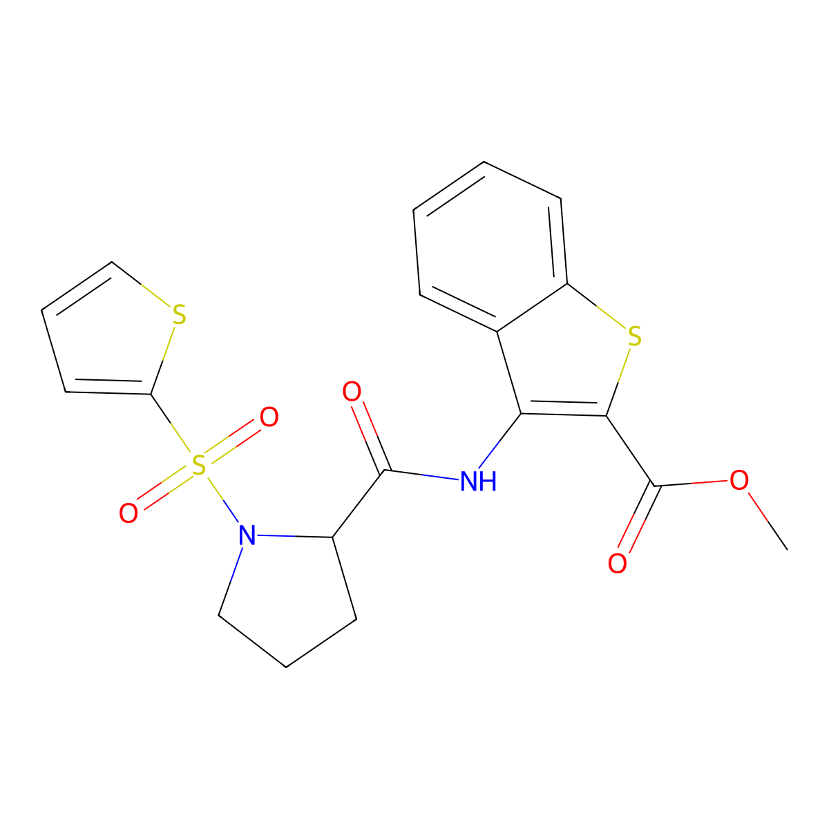 Methyl 3-(1-(thiophen-2-ylsulfonyl)pyrrolidine-2-carboxamido)benzo[b]thiophene-2-carboxylate molecular structure, CAS 1097650-99-1
