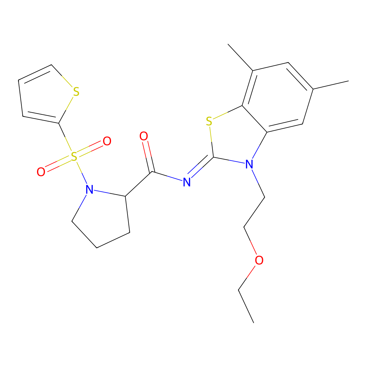 (E)-N-(3-(2-ethoxyethyl)-5,7-dimethylbenzo[d]thiazol-2(3H)-ylidene)-1-(thiophen-2-ylsulfonyl)pyrrolidine-2-carboxamide molecular structure, CAS 1097651-10-9