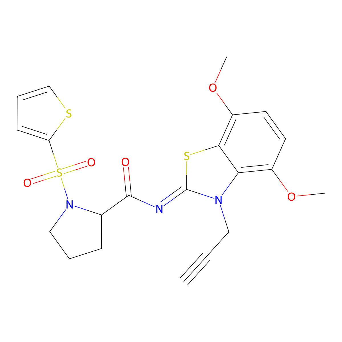 (E)-N-(4,7-dimethoxy-3-(prop-2-yn-1-yl)benzo[d]thiazol-2(3H)-ylidene)-1-(thiophen-2-ylsulfonyl)pyrrolidine-2-carboxamide molecular structure, CAS 1097651-88-1