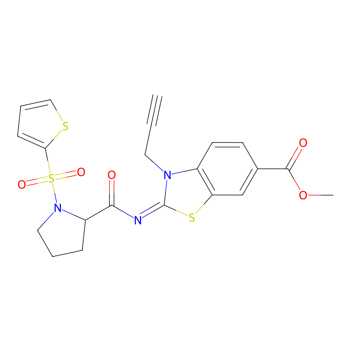(E)-methyl 3-(prop-2-yn-1-yl)-2-((1-(thiophen-2-ylsulfonyl)pyrrolidine-2-carbonyl)imino)-2,3-dihydrobenzo[d]thiazole-6-carboxylate molecular structure, CAS 1097651-99-4