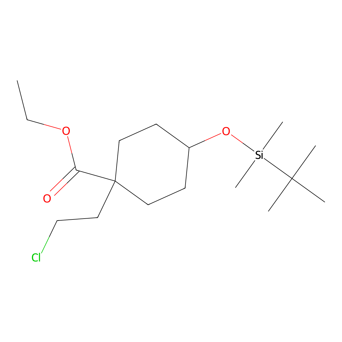 Ethyl 4-((tert-butyldimethylsilyl)oxy)-1-(2-chloroethyl)cyclohexanecarboxylate molecular structure, CAS 1097729-64-0