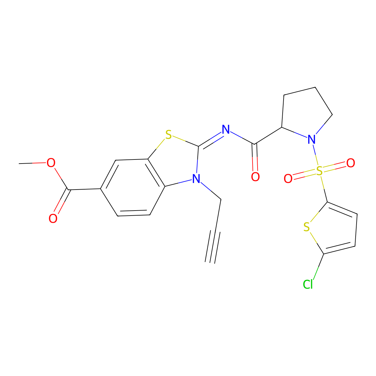 (E)-methyl 2-((1-((5-chlorothiophen-2-yl)sulfonyl)pyrrolidine-2-carbonyl)imino)-3-(prop-2-yn-1-yl)-2,3-dihydrobenzo[d]thiazole-6-carboxylate molecular structure, CAS 1097834-87-1