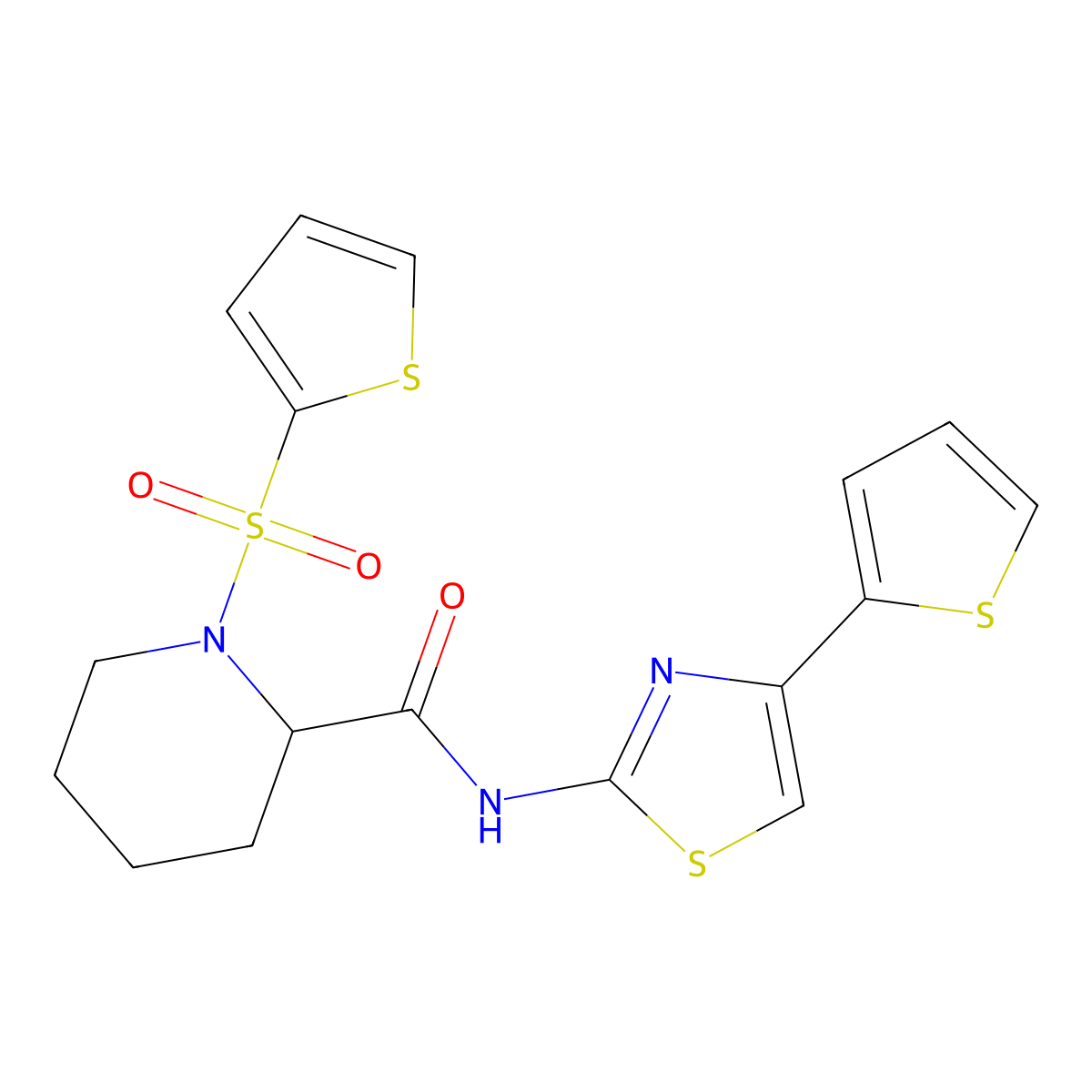 N-(4-(thiophen-2-yl)thiazol-2-yl)-1-(thiophen-2-ylsulfonyl)piperidine-2-carboxamide molecular structure, CAS 1097897-66-9