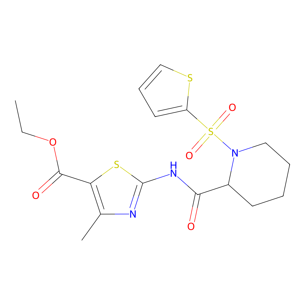 Ethyl 4-methyl-2-(1-(thiophen-2-ylsulfonyl)piperidine-2-carboxamido)thiazole-5-carboxylate molecular structure, CAS 1097897-85-2