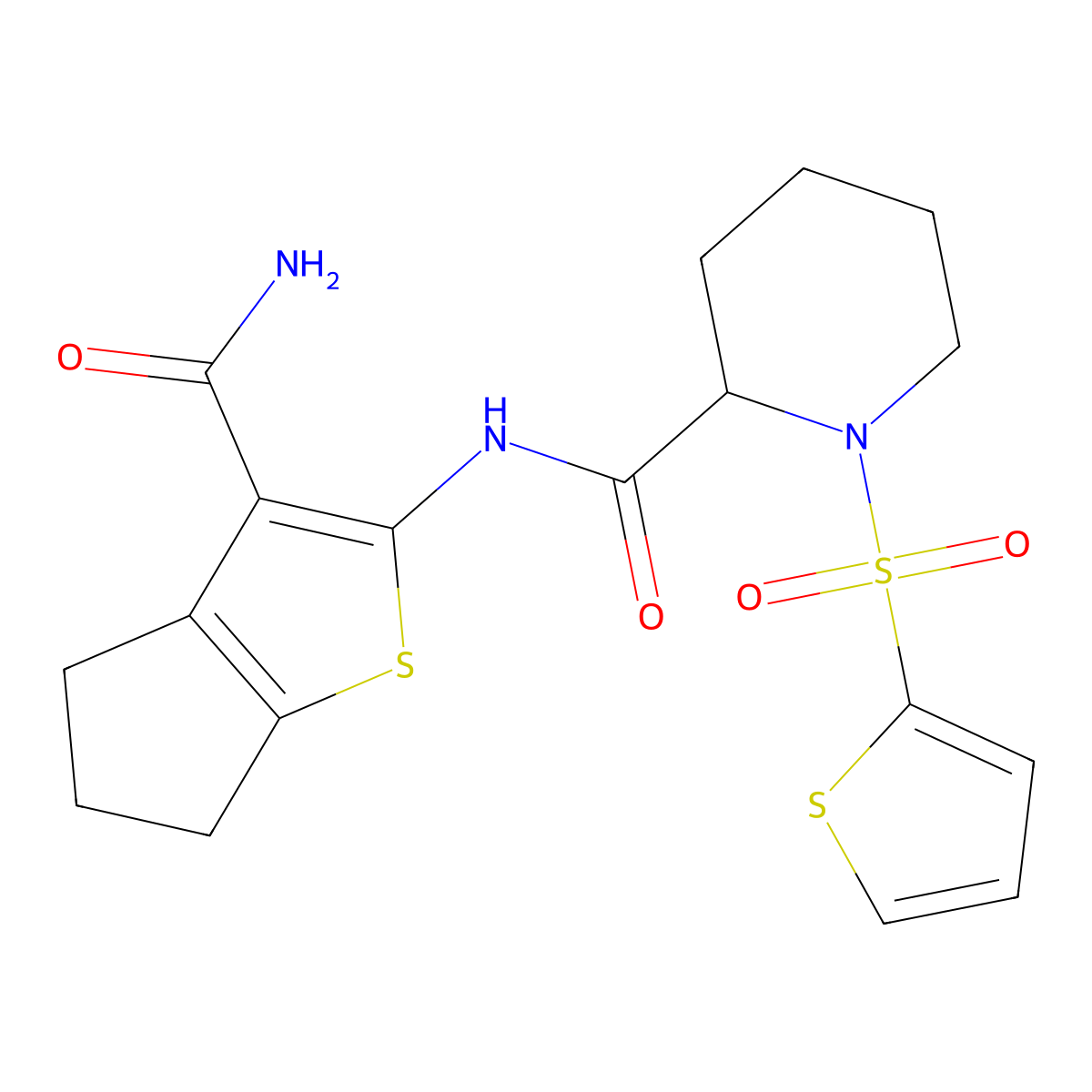N-(3-carbamoyl-5,6-dihydro-4H-cyclopenta[b]thiophen-2-yl)-1-(thiophen-2-ylsulfonyl)piperidine-2-carboxamide molecular structure, CAS 1097898-19-5