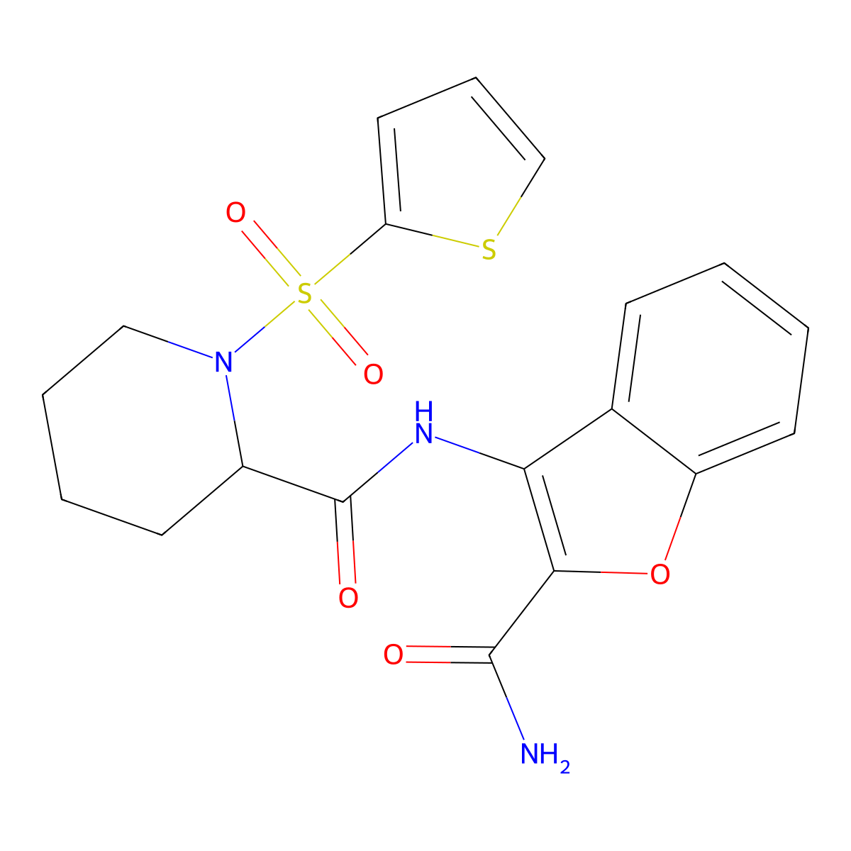 N-(2-carbamoylbenzofuran-3-yl)-1-(thiophen-2-ylsulfonyl)piperidine-2-carboxamide molecular structure, CAS 1097899-24-5