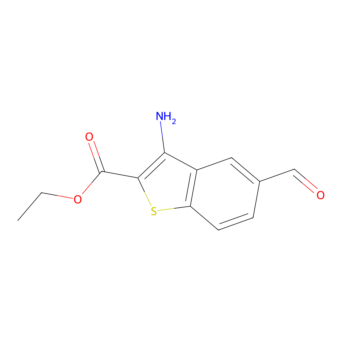 Ethyl 3-amino-5-formyl-1-benzothiophene-2-carboxylate molecular structure, CAS 1098608-18-4
