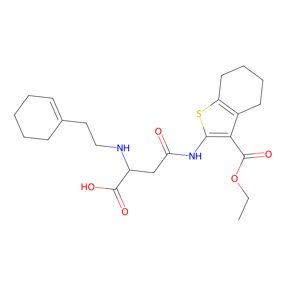 2-((2-(Cyclohex-1-en-1-yl)ethyl)amino)-4-((3-(ethoxycarbonyl)-4,5,6,7-tetrahydrobenzo[b]thiophen-2-yl)amino)-4-oxobutanoic acid molecular structure, CAS 1098619-68-1