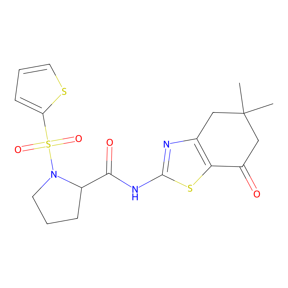 N-(5,5-dimethyl-7-oxo-4,5,6,7-tetrahydrobenzo[d]thiazol-2-yl)-1-(thiophen-2-ylsulfonyl)pyrrolidine-2-carboxamide molecular structure, CAS 1098638-39-1