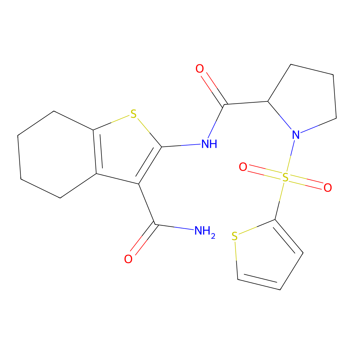 N-(3-carbamoyl-4,5,6,7-tetrahydrobenzo[b]thiophen-2-yl)-1-(thiophen-2-ylsulfonyl)pyrrolidine-2-carboxamide molecular structure, CAS 1098638-82-4