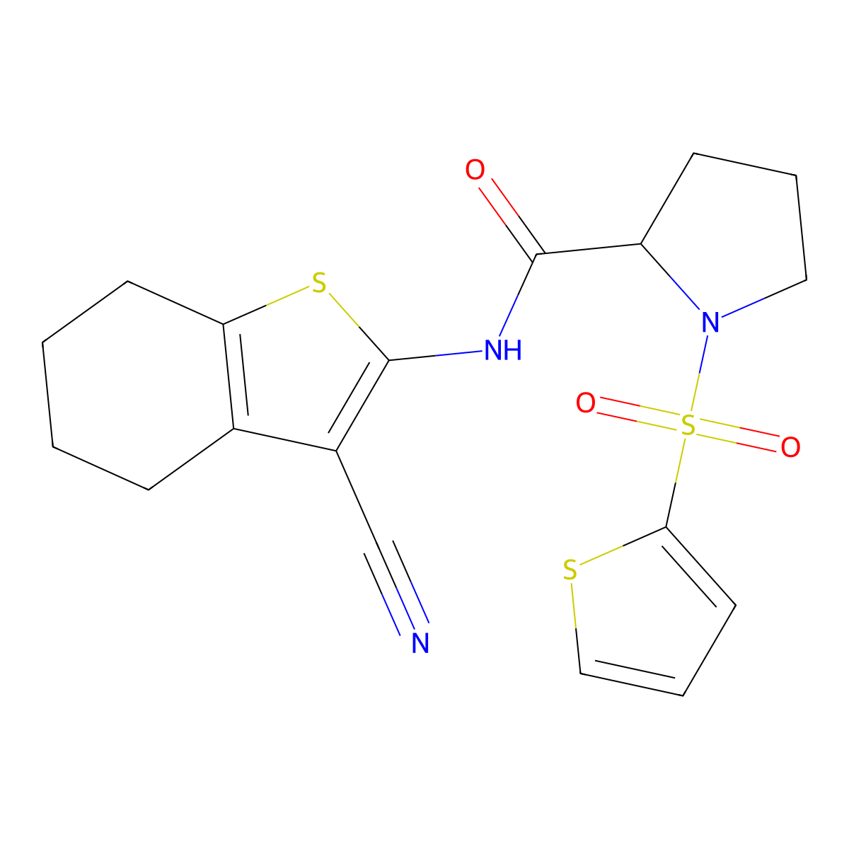 N-(3-cyano-4,5,6,7-tetrahydrobenzo[b]thiophen-2-yl)-1-(thiophen-2-ylsulfonyl)pyrrolidine-2-carboxamide molecular structure, CAS 1098638-91-5