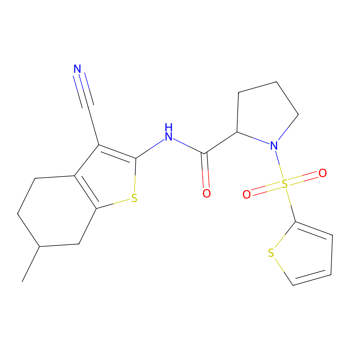 N-(3-cyano-6-methyl-4,5,6,7-tetrahydro-1-benzothiophen-2-yl)-1-(thiophene-2-sulfonyl)pyrrolidine-2-carboxamide molecular structure, CAS 1098638-96-0