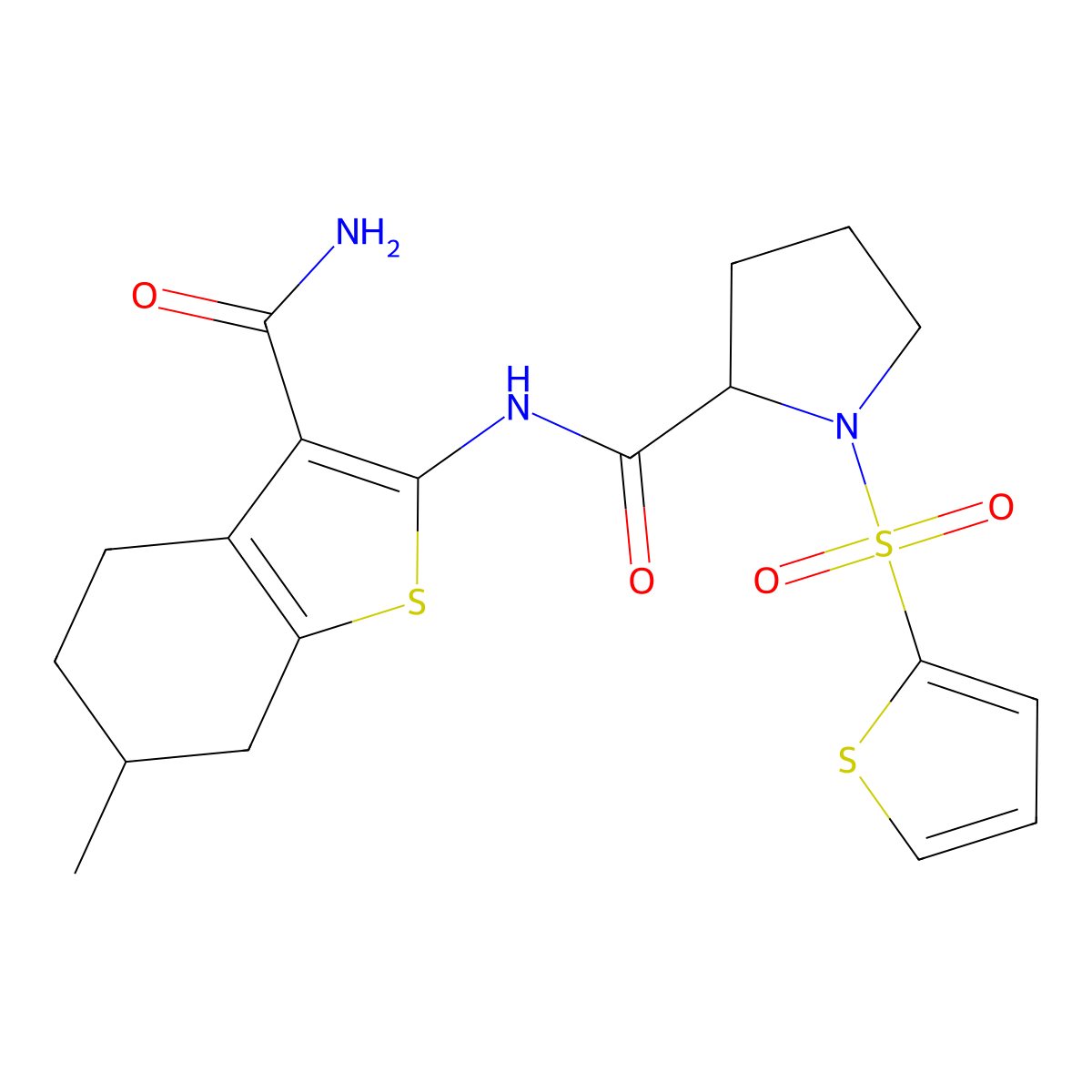 N-(3-carbamoyl-6-methyl-4,5,6,7-tetrahydrobenzo[b]thiophen-2-yl)-1-(thiophen-2-ylsulfonyl)pyrrolidine-2-carboxamide molecular structure, CAS 1098639-11-2