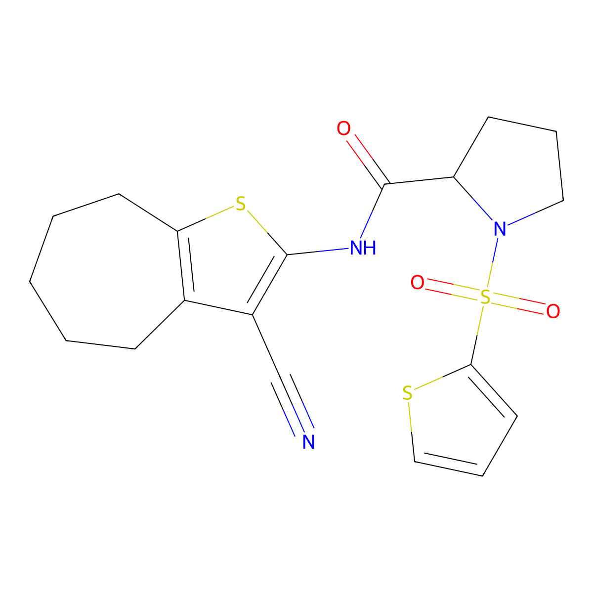 N-(3-cyano-5,6,7,8-tetrahydro-4H-cyclohepta[b]thiophen-2-yl)-1-(thiophen-2-ylsulfonyl)pyrrolidine-2-carboxamide molecular structure, CAS 1098639-16-7