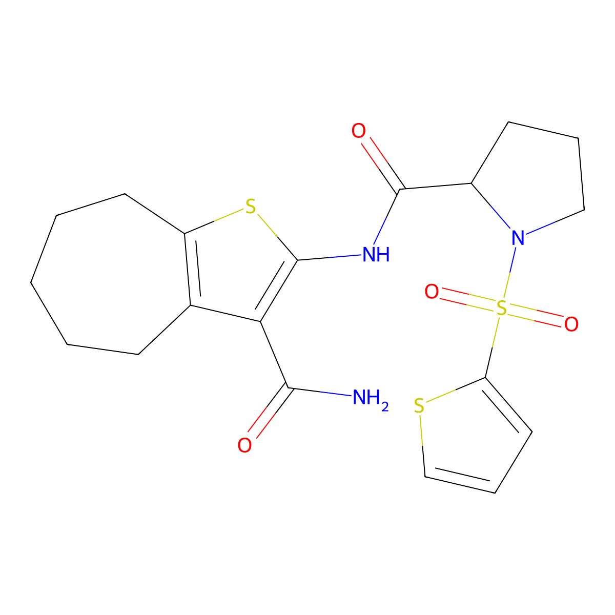 N-(3-carbamoyl-5,6,7,8-tetrahydro-4H-cyclohepta[b]thiophen-2-yl)-1-(thiophen-2-ylsulfonyl)pyrrolidine-2-carboxamide molecular structure, CAS 1098639-53-2