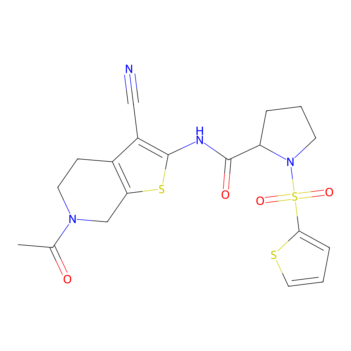 N-(6-acetyl-3-cyano-4,5,6,7-tetrahydrothieno[2,3-c]pyridin-2-yl)-1-(thiophen-2-ylsulfonyl)pyrrolidine-2-carboxamide molecular structure, CAS 1098639-98-5