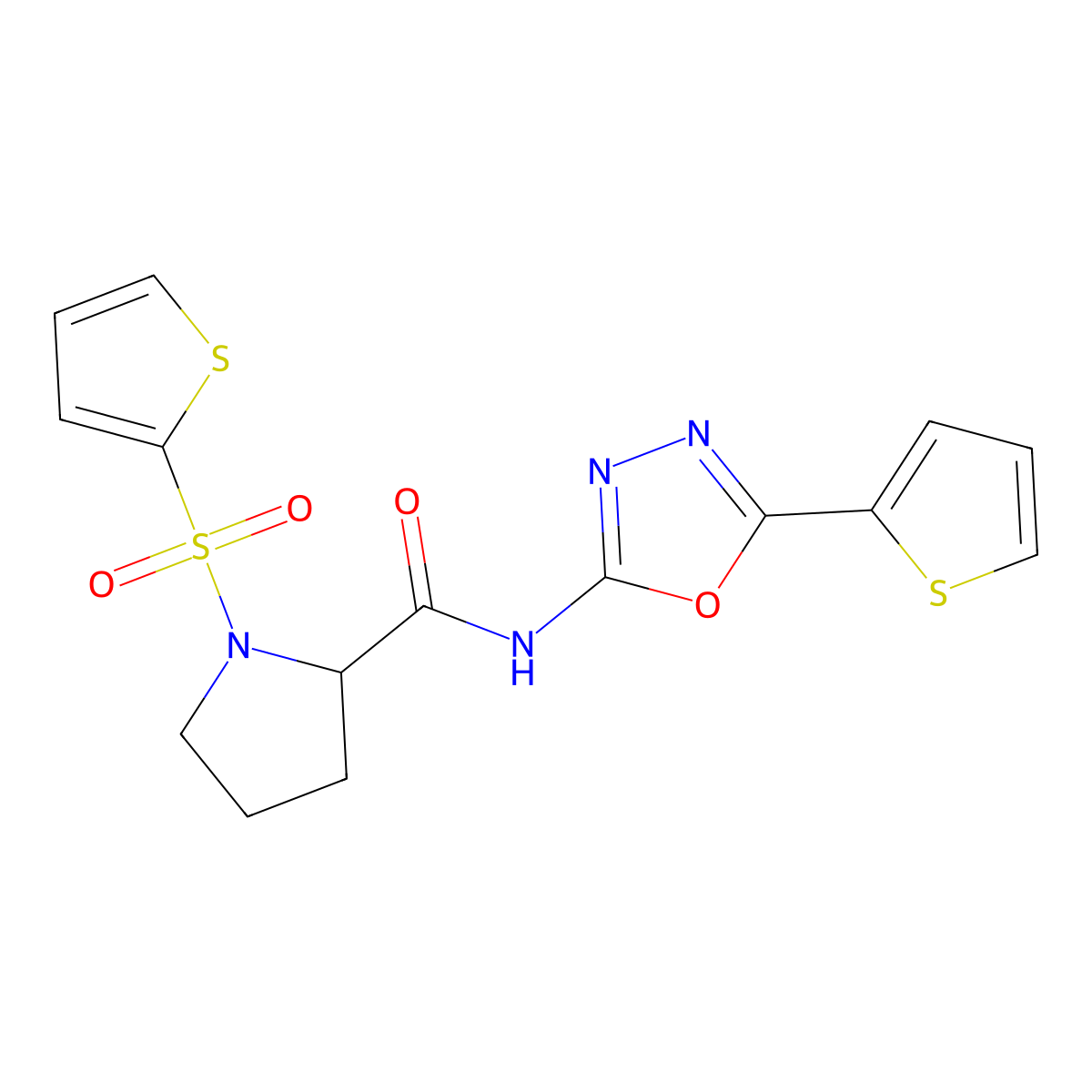 N-(5-(thiophen-2-yl)-1,3,4-oxadiazol-2-yl)-1-(thiophen-2-ylsulfonyl)pyrrolidine-2-carboxamide molecular structure, CAS 1098640-36-8