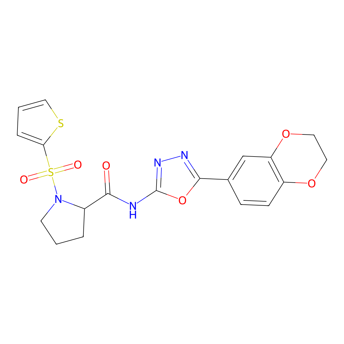 N-(5-(2,3-dihydrobenzo[b][1,4]dioxin-6-yl)-1,3,4-oxadiazol-2-yl)-1-(thiophen-2-ylsulfonyl)pyrrolidine-2-carboxamide molecular structure, CAS 1098640-56-2