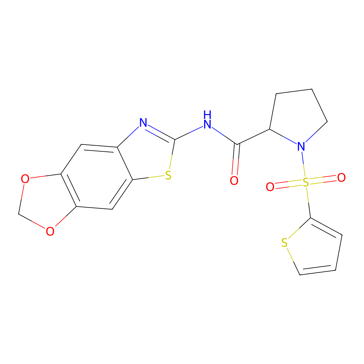 N-{4,6-dioxa-10-thia-12-azatricyclo[7.3.0.0^{3,7}]dodeca-1(9),2,7,11-tetraen-11-yl}-1-(thiophene-2-sulfonyl)pyrrolidine-2-carboxamide molecular structure, CAS 1098640-70-0
