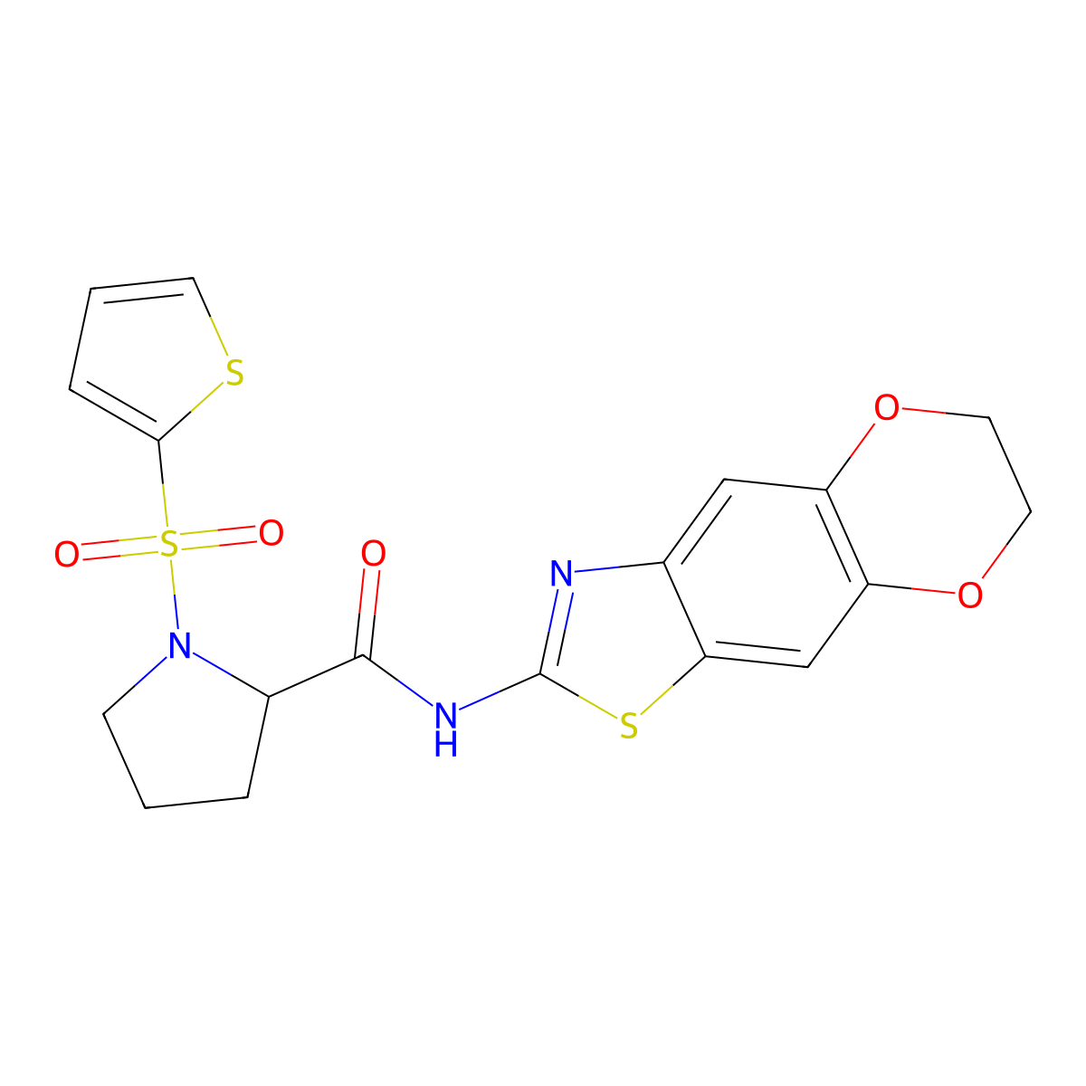 N-{10,13-dioxa-4-thia-6-azatricyclo[7.4.0.0^{3,7}]trideca-1,3(7),5,8-tetraen-5-yl}-1-(thiophene-2-sulfonyl)pyrrolidine-2-carboxamide molecular structure, CAS 1098640-73-3