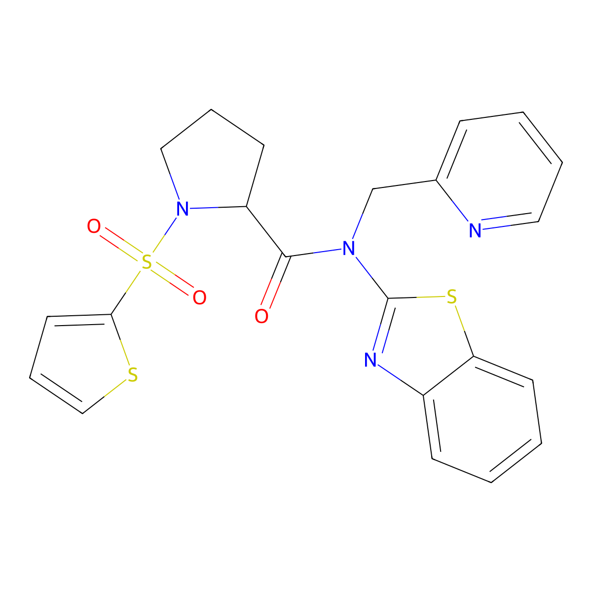 N-(benzo[d]thiazol-2-yl)-N-(pyridin-2-ylmethyl)-1-(thiophen-2-ylsulfonyl)pyrrolidine-2-carboxamide molecular structure, CAS 1098642-92-2