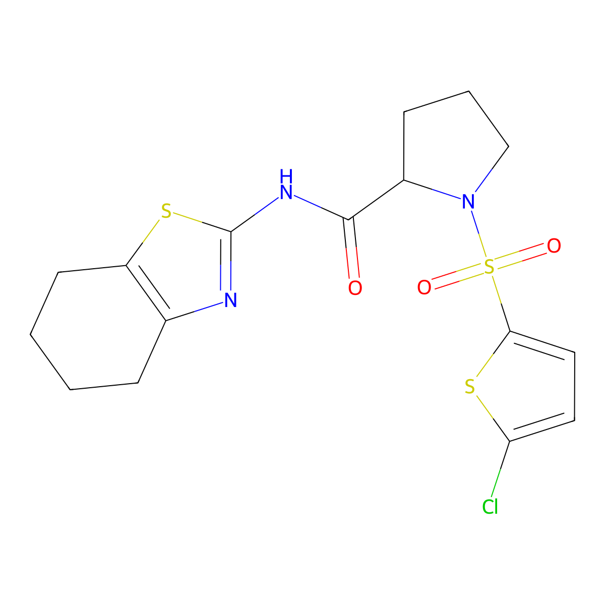 1-((5-chlorothiophen-2-yl)sulfonyl)-N-(4,5,6,7-tetrahydrobenzo[d]thiazol-2-yl)pyrrolidine-2-carboxamide molecular structure, CAS 1098644-12-2