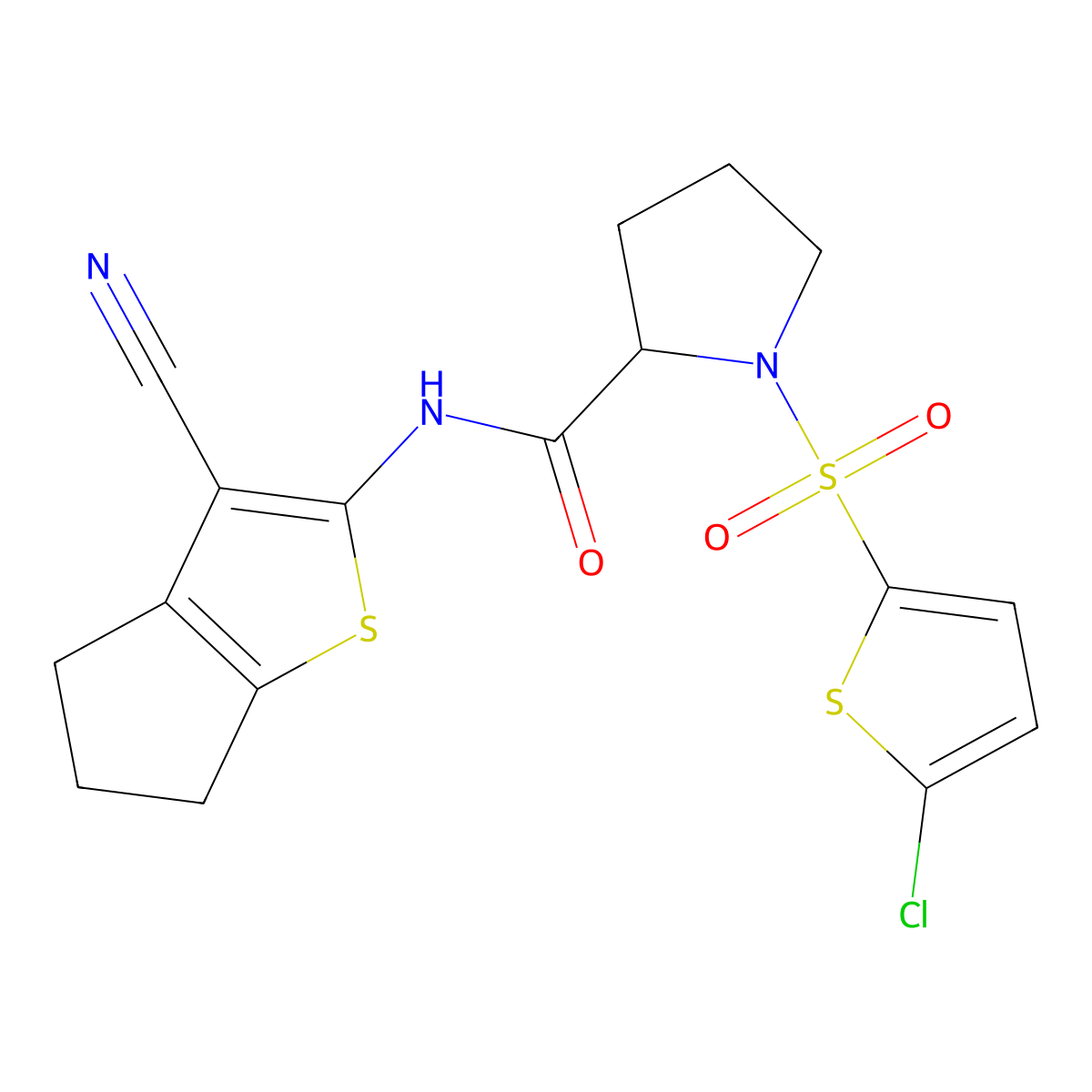 1-((5-chlorothiophen-2-yl)sulfonyl)-N-(3-cyano-5,6-dihydro-4H-cyclopenta[b]thiophen-2-yl)pyrrolidine-2-carboxamide molecular structure, CAS 1098644-59-7