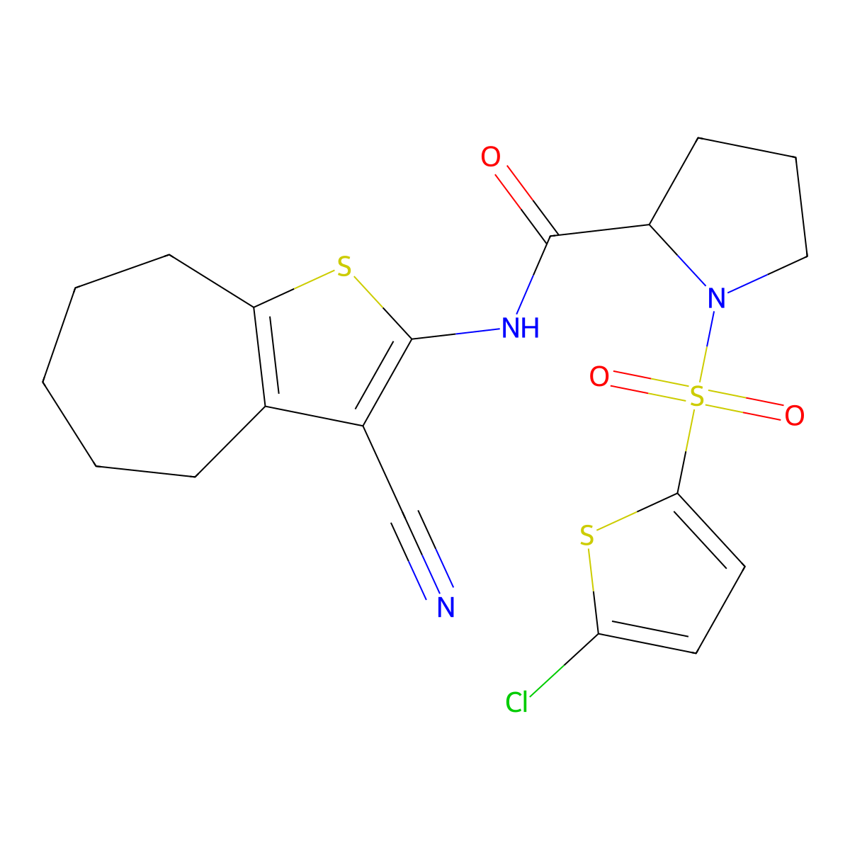 1-((5-chlorothiophen-2-yl)sulfonyl)-N-(3-cyano-5,6,7,8-tetrahydro-4H-cyclohepta[b]thiophen-2-yl)pyrrolidine-2-carboxamide molecular structure, CAS 1098644-65-5